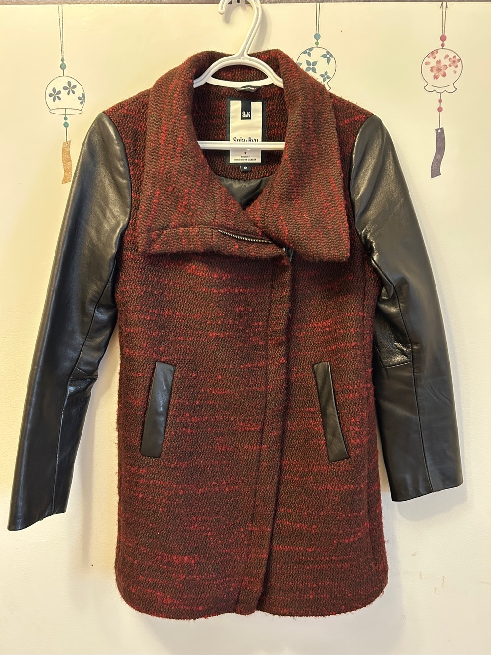 Soia & Kyo Maroon Knit Coat with Black Leather Sleeves